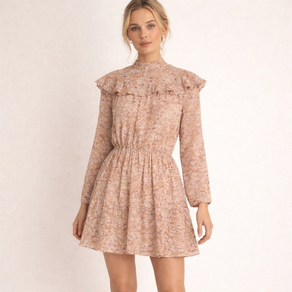 Nasty Gal Floral Ruffle Chiffon Mini Dress Cottagecore High Neck Size 4